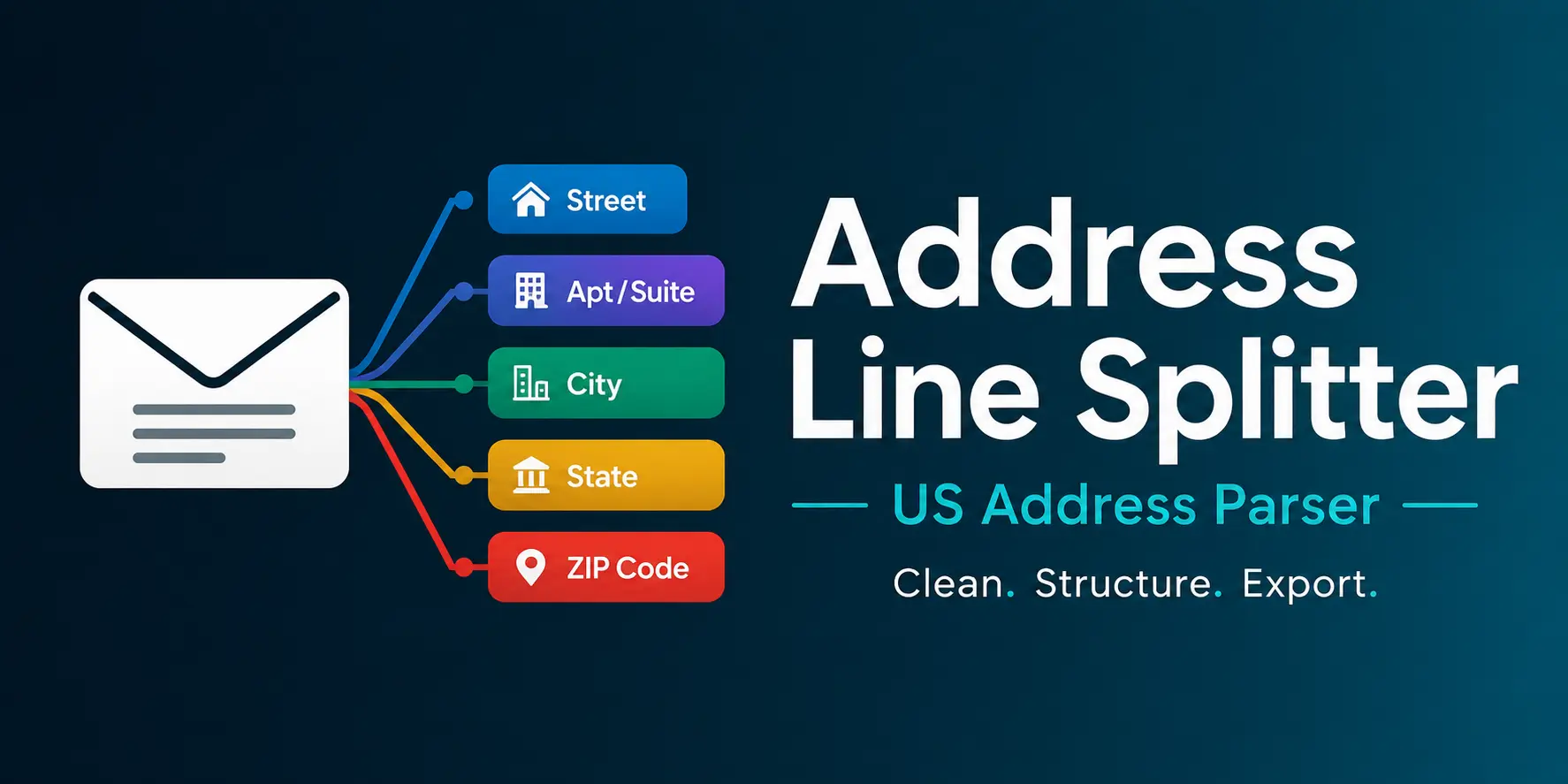 Address Line Splitter - US address parser tool logo showing address splitting into street, apartment, city, state, and ZIP code fields