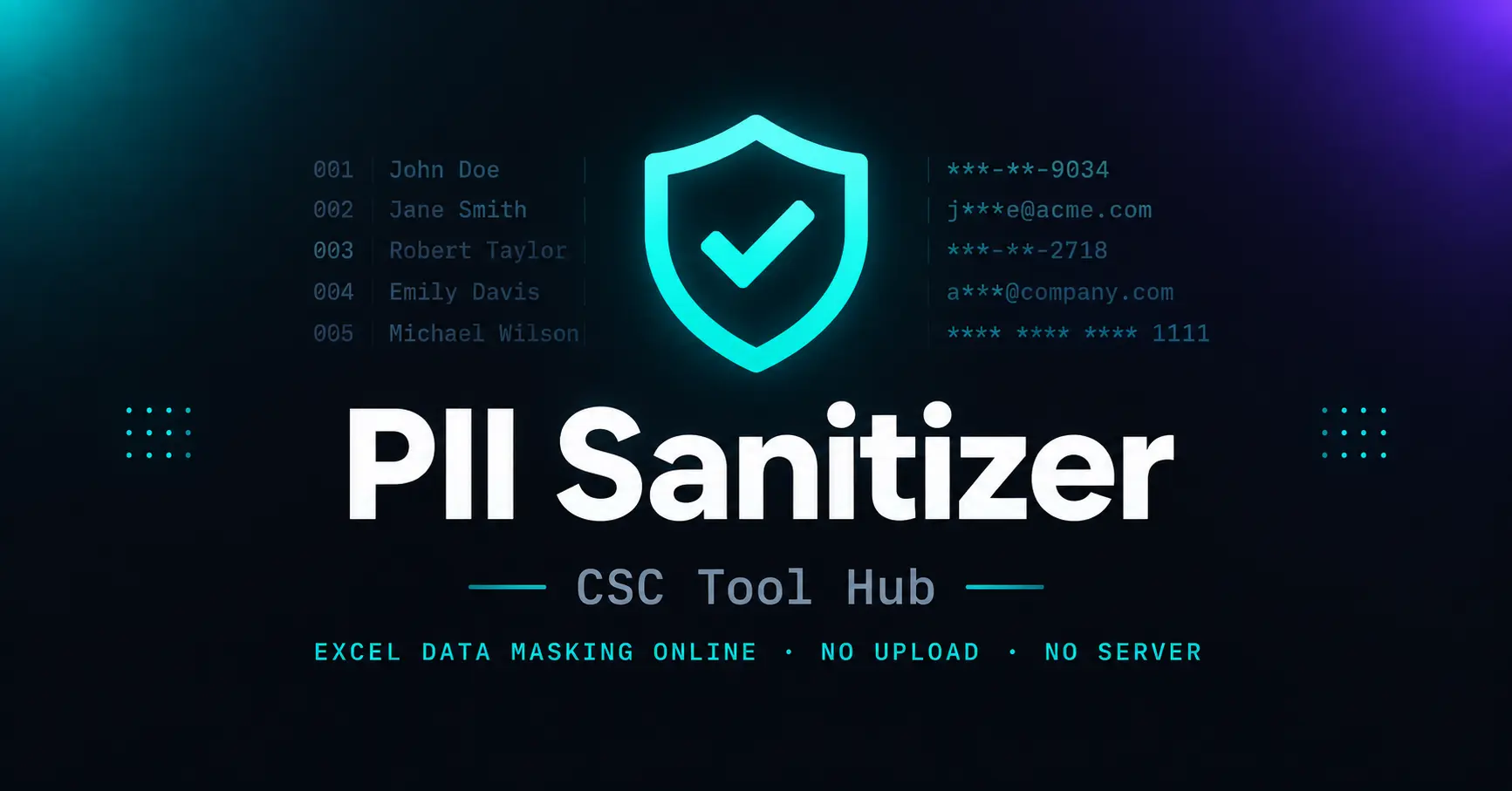 Mask PII in Excel & CSV files online. Detect SSN, emails, phones, cards & names. 100% client-side, no upload, no server. Free HIPAA/GDPR-ready tool. (154)