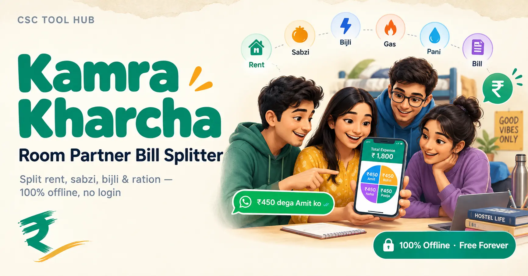 Split room partner bills online free. Track rent, sabzi, ration & bijli. Offline, no login, privacy-safe. Generate WhatsApp hisab & settlement slip instantly.